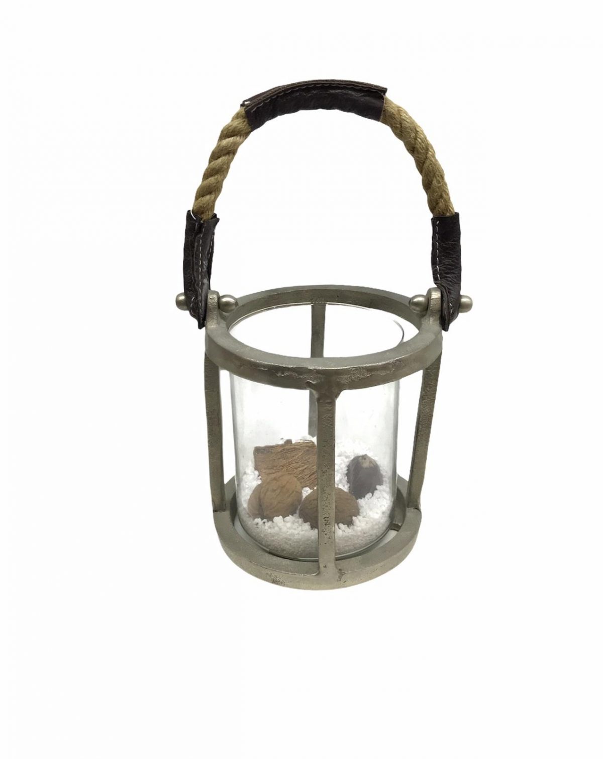 μεταλλικο κηροπηγιο δερματικο σχοινι με γυαλι εσωτερικα 14x17cm χρωμα ασημιτιμη 19E