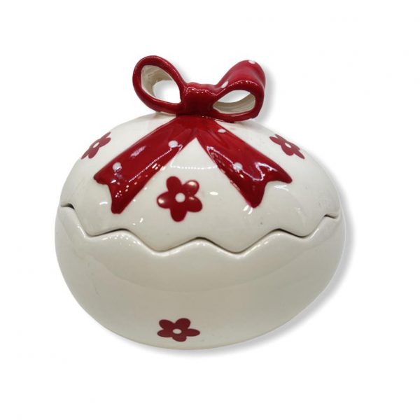 grazia κεραμικο αυγο με καπακι φιογκο κοκκινο χρωμα λευκο 13x14cm τιμη 10E